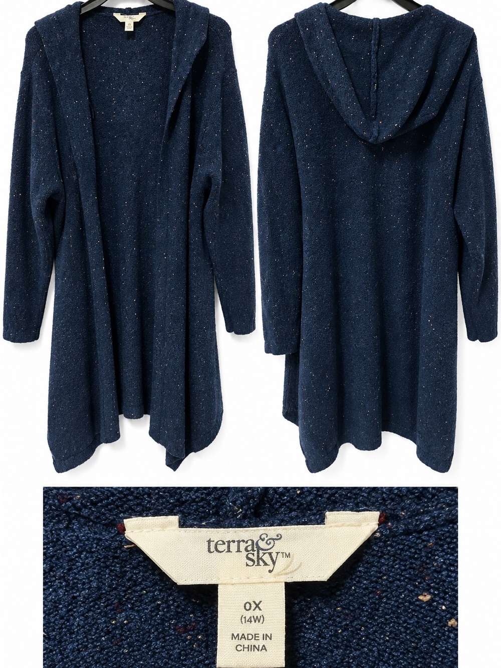 Terra & Sky Navy Speckled Hooded Open-Front Cardigan